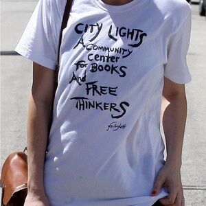 Graphic white T-Shirt features the San Francisco City Lights Bookstore logo  XL